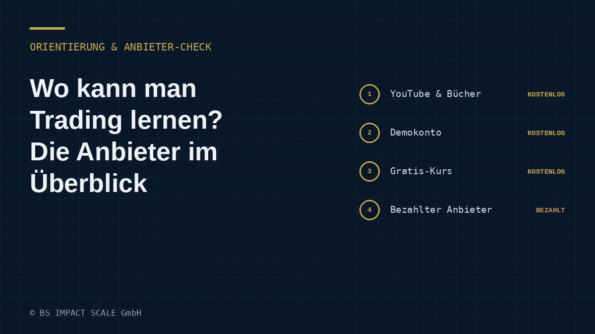 Übersicht von vier Lernorten fürs Trading: YouTube und Bücher, Demokonto, Gratis-Kurs, bezahlter Anbieter