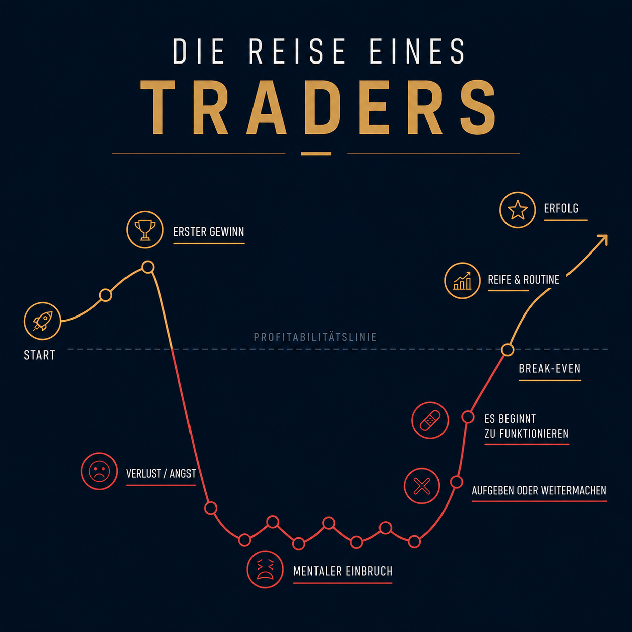 Kurvendiagramm zur Lernreise eines Traders: von Start und erstem Gewinn über Verlust, Angst und mentalen Einbruch bis zu Break-Even, Reife und Erfolg